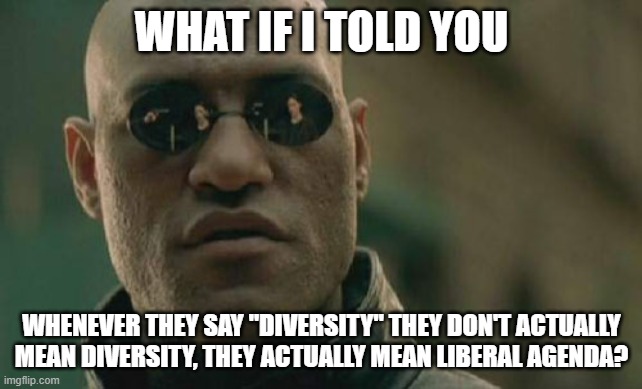 If By "Diversity" They Only Mean LGBT, Feminists And Blacks, Then It Sure As Hell Isn't Diversity, It's Actually Liberal Agenda | WHAT IF I TOLD YOU; WHENEVER THEY SAY "DIVERSITY" THEY DON'T ACTUALLY MEAN DIVERSITY, THEY ACTUALLY MEAN LIBERAL AGENDA? | image tagged in memes,matrix morpheus,liberals,black,feminist,lgbt | made w/ Imgflip meme maker