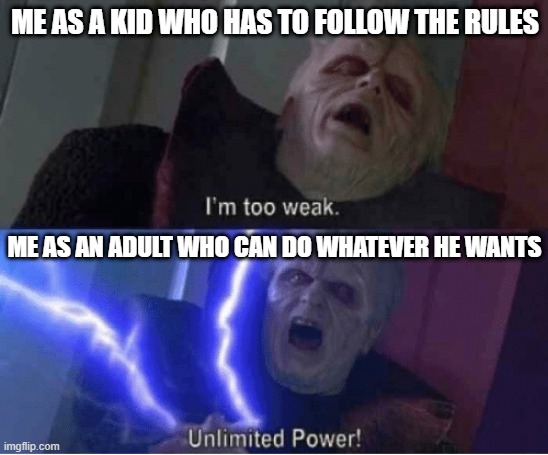 Kids vs Adults | ME AS A KID WHO HAS TO FOLLOW THE RULES; ME AS AN ADULT WHO CAN DO WHATEVER HE WANTS | image tagged in too weak unlimited power,star wars | made w/ Imgflip meme maker