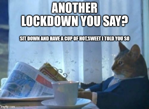 I Should Buy A Boat Cat Meme | ANOTHER LOCKDOWN YOU SAY? SIT DOWN AND HAVE A CUP OF HOT,SWEET I TOLD YOU SO | image tagged in memes,i should buy a boat cat | made w/ Imgflip meme maker