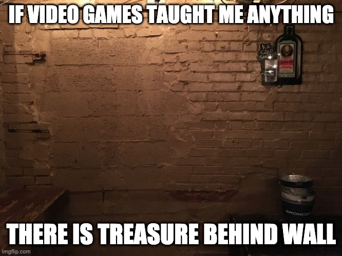If Video Games Taught Me Anything | IF VIDEO GAMES TAUGHT ME ANYTHING; THERE IS TREASURE BEHIND WALL | image tagged in wall,brick,zelda,video,games,taught | made w/ Imgflip meme maker