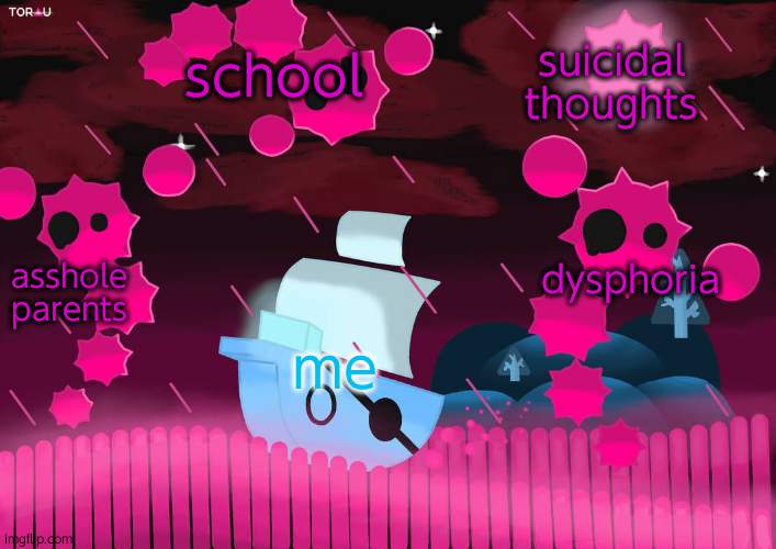 Boat “swimming” from lycans | school; suicidal thoughts; dysphoria; asshole parents; me | image tagged in boat swimming from lycans | made w/ Imgflip meme maker