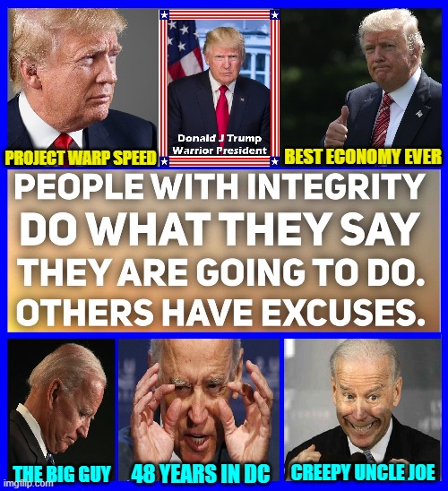 One, the best president ever; the other, a lifelong politician, the worst | BEST ECONOMY EVER; PROJECT WARP SPEED; CREEPY UNCLE JOE; 48 YEARS IN DC; THE BIG GUY | image tagged in vince vance,donald trump,joe biden,creepy uncle joe,memes,leaders | made w/ Imgflip meme maker