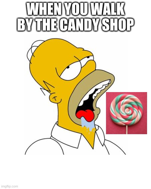 Homer Simpson Drooling | WHEN YOU WALK BY THE CANDY SHOP | image tagged in homer simpson drooling | made w/ Imgflip meme maker