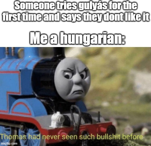 gulyás for life | Someone tries gulyás for the first time and says they dont like it; Me a hungarian: | image tagged in thomas had never seen such bullshit before | made w/ Imgflip meme maker