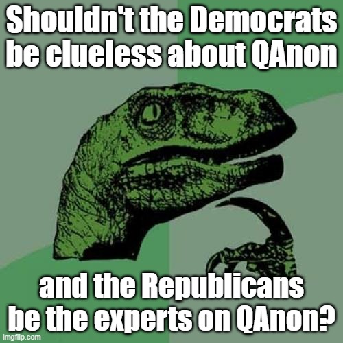 Philosoraptor Meme | Shouldn't the Democrats be clueless about QAnon; and the Republicans be the experts on QAnon? | image tagged in memes,philosoraptor | made w/ Imgflip meme maker