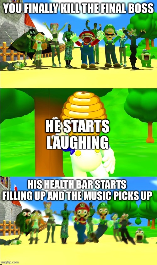 Why do I hear boss music? | YOU FINALLY KILL THE FINAL BOSS; HE STARTS LAUGHING; HIS HEALTH BAR STARTS FILLING UP AND THE MUSIC PICKS UP | image tagged in smg4 bee panic,smg4 | made w/ Imgflip meme maker