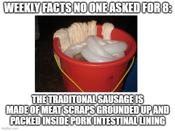 also this is a suasage unwrapped | WEEKLY FACTS NO ONE ASKED FOR 8:; THE TRADITONAL SAUSAGE IS MADE OF MEAT SCRAPS GROUNDED UP AND PACKED INSIDE PORK INTESTINAL LINING | image tagged in sausage | made w/ Imgflip meme maker
