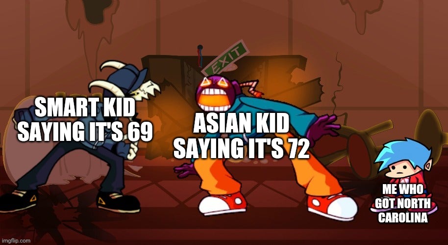 It's totally 3 | SMART KID SAYING IT'S 69; ASIAN KID SAYING IT'S 72; ME WHO GOT NORTH CAROLINA | image tagged in tabi vs whitty | made w/ Imgflip meme maker