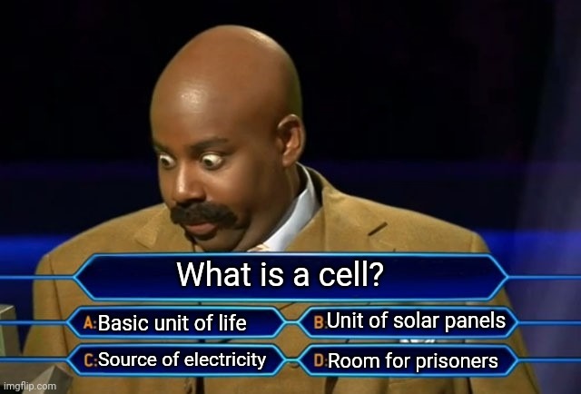 Cell |  What is a cell? Unit of solar panels; Basic unit of life; Source of electricity; Room for prisoners | image tagged in who wants to be a millionaire,science rules | made w/ Imgflip meme maker