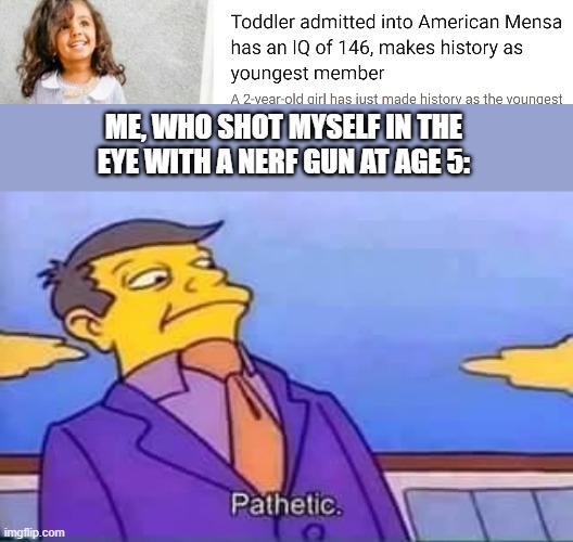 ur pathetic | ME, WHO SHOT MYSELF IN THE EYE WITH A NERF GUN AT AGE 5: | image tagged in skinner pathetic | made w/ Imgflip meme maker