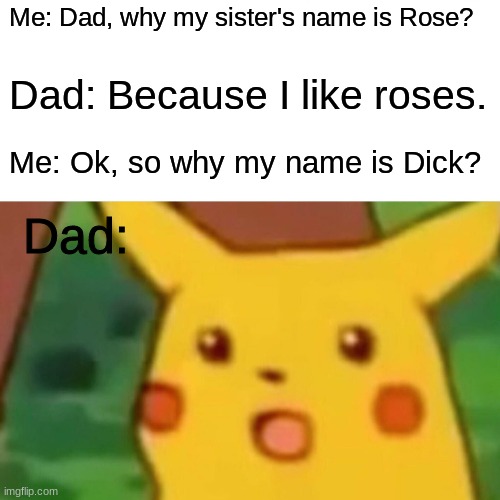 Dad? | Me: Dad, why my sister's name is Rose? Dad: Because I like roses. Me: Ok, so why my name is Dick? Dad: | image tagged in memes,surprised pikachu | made w/ Imgflip meme maker