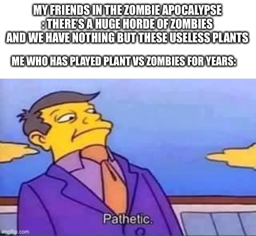 skinner pathetic | MY FRIENDS IN THE ZOMBIE APOCALYPSE : THERE’S A HUGE HORDE OF ZOMBIES AND WE HAVE NOTHING BUT THESE USELESS PLANTS; ME WHO HAS PLAYED PLANT VS ZOMBIES FOR YEARS: | image tagged in skinner pathetic | made w/ Imgflip meme maker