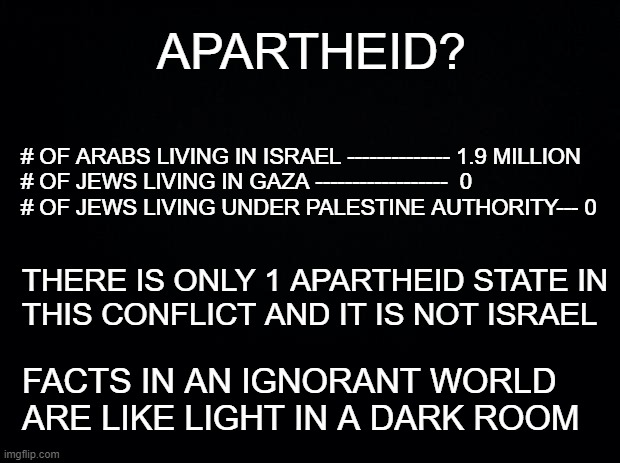 ISRAEL APARTHEID? | APARTHEID? # OF ARABS LIVING IN ISRAEL -------------- 1.9 MILLION
# OF JEWS LIVING IN GAZA ------------------  0
# OF JEWS LIVING UNDER PALESTINE AUTHORITY--- 0; THERE IS ONLY 1 APARTHEID STATE IN
THIS CONFLICT AND IT IS NOT ISRAEL; FACTS IN AN IGNORANT WORLD ARE LIKE LIGHT IN A DARK ROOM | image tagged in israel,apartheid,gaza,palestinian authority,hamas,freedom | made w/ Imgflip meme maker