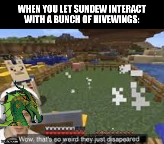 Fox in the hen house. | WHEN YOU LET SUNDEW INTERACT WITH A BUNCH OF HIVEWINGS: | image tagged in they disapeared,wings of fire,wof | made w/ Imgflip meme maker