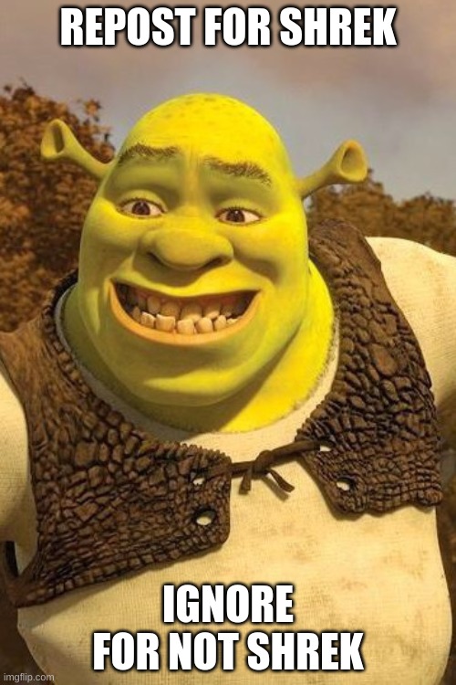 Smiling Shrek | REPOST FOR SHREK; IGNORE FOR NOT SHREK | image tagged in smiling shrek | made w/ Imgflip meme maker