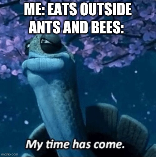 My Time Has Come |  ME: EATS OUTSIDE; ANTS AND BEES: | image tagged in my time has come | made w/ Imgflip meme maker