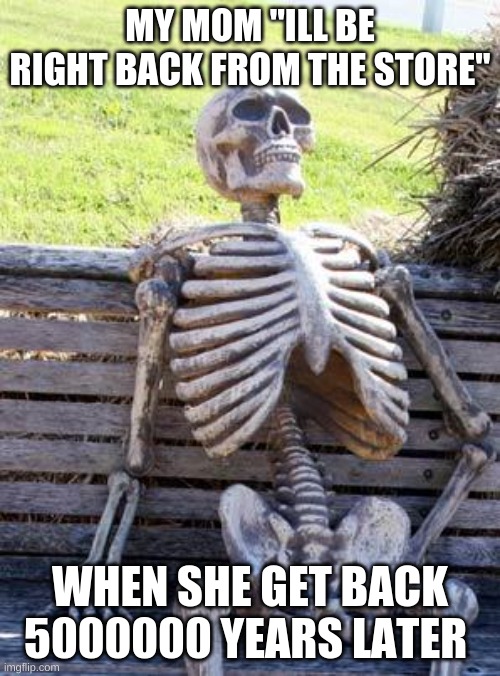 Waiting Skeleton | MY MOM "ILL BE RIGHT BACK FROM THE STORE"; WHEN SHE GET BACK 5000000 YEARS LATER | image tagged in memes,waiting skeleton | made w/ Imgflip meme maker