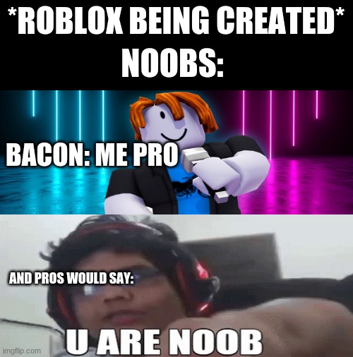 Untrue | *ROBLOX BEING CREATED*; NOOBS:; BACON: ME PRO; AND PROS WOULD SAY: | image tagged in noob,protesters | made w/ Imgflip meme maker