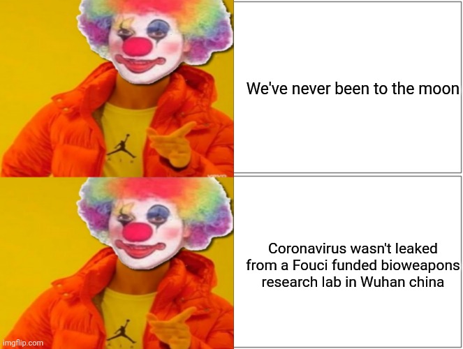 Stupid Conspiracy Theorists | We've never been to the moon; Coronavirus wasn't leaked
from a Fouci funded bioweapons research lab in Wuhan china | image tagged in conspiracy theories,clowns,clown,dr fauci,science,thomas had never seen such bullshit before | made w/ Imgflip meme maker