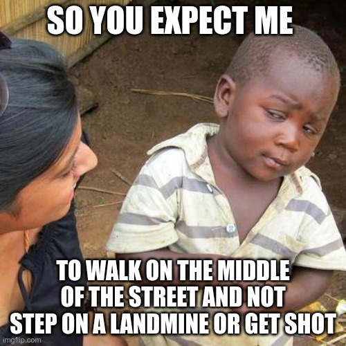 So you expect me... | SO YOU EXPECT ME; TO WALK ON THE MIDDLE OF THE STREET AND NOT STEP ON A LANDMINE OR GET SHOT | image tagged in memes,third world skeptical kid | made w/ Imgflip meme maker