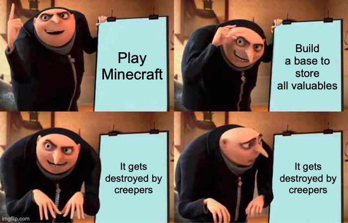 Welp. Rebuilding in progress | Play Minecraft; Build a base to store all valuables; It gets destroyed by creepers; It gets destroyed by creepers | image tagged in memes,gru's plan | made w/ Imgflip meme maker