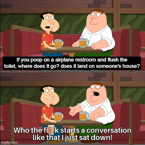 I used my own template lol. | If you poop on a airplane restroom and flush the toilet, where does it go? does it land on someone's house? | image tagged in who the f k starts a conversation like that i just sat down | made w/ Imgflip meme maker