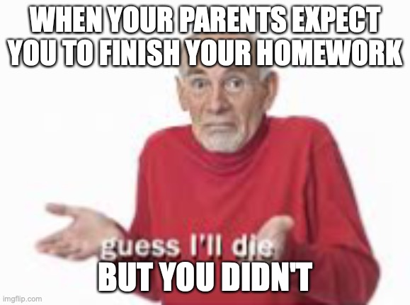 . . . | WHEN YOUR PARENTS EXPECT YOU TO FINISH YOUR HOMEWORK; BUT YOU DIDN'T | image tagged in guess i'll die | made w/ Imgflip meme maker