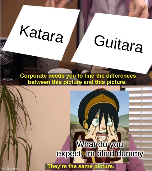 Toph is blind | Katara; Guitara; What do you expect, im blind dummy | image tagged in memes,they're the same picture | made w/ Imgflip meme maker