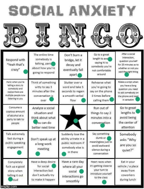 Social Anxiety Bingo | image tagged in social anxiety bingo | made w/ Imgflip meme maker