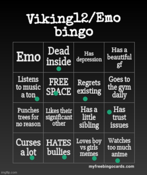 Viking12/EmoDude bingo | image tagged in viking12/emodude bingo | made w/ Imgflip meme maker