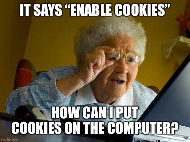 Grandma Finds The Internet | IT SAYS “ENABLE COOKIES”; HOW CAN I PUT COOKIES ON THE COMPUTER? | image tagged in memes,grandma finds the internet | made w/ Imgflip meme maker