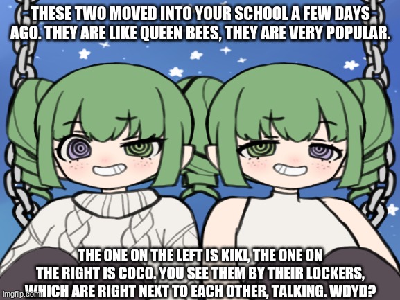 Your OC is 14-16 here. | THESE TWO MOVED INTO YOUR SCHOOL A FEW DAYS AGO. THEY ARE LIKE QUEEN BEES, THEY ARE VERY POPULAR. THE ONE ON THE LEFT IS KIKI, THE ONE ON THE RIGHT IS COCO. YOU SEE THEM BY THEIR LOCKERS, WHICH ARE RIGHT NEXT TO EACH OTHER, TALKING. WDYD? | image tagged in green,hair,dont,care,oh wow are you actually reading these tags | made w/ Imgflip meme maker