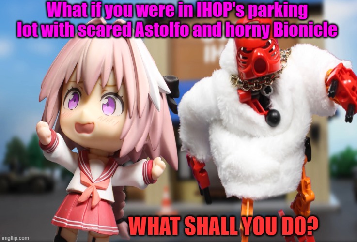 What if you saw a scared Astolfo | What if you were in IHOP's parking lot with scared Astolfo and horny Bionicle; WHAT SHALL YOU DO? | image tagged in astolfo,bionicle | made w/ Imgflip meme maker
