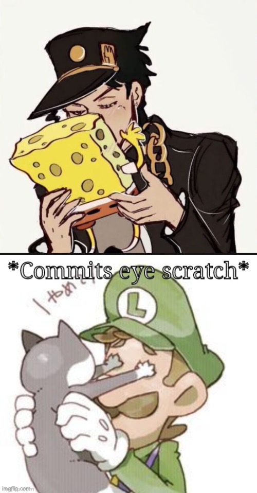 WTHAT THE FRICK IS THIS?! JOTARO, WHAT HAVE YOU DONE??!!!! (Credit goes to whoever drew... this thing) | image tagged in luigi commits eye scratch,jojo's bizarre adventure,drink bleach,ahhhhhhhhhhhhh | made w/ Imgflip meme maker