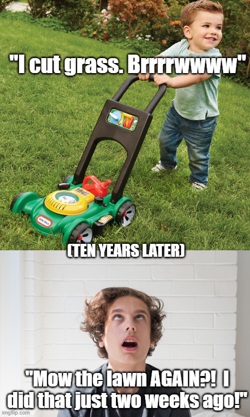 Lawn mower kid | "I cut grass. Brrrrwwww"; (TEN YEARS LATER); "Mow the lawn AGAIN?!  I did that just two weeks ago!" | image tagged in teenagers,teens,lawnmower | made w/ Imgflip meme maker