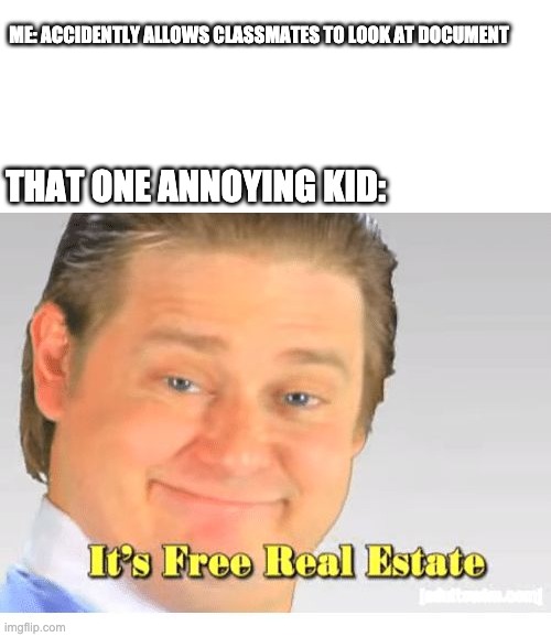 that one kid be like: | ME: ACCIDENTLY ALLOWS CLASSMATES TO LOOK AT DOCUMENT; THAT ONE ANNOYING KID: | image tagged in it's free real estate | made w/ Imgflip meme maker