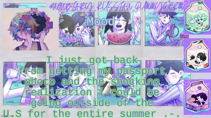 .-. | Mood: .-. I just got back from getting my passport photo and the shocking realization i could be going outside of the U.S for the entire summer .-. | image tagged in nonbinary_russian_gummy omori photos temp | made w/ Imgflip meme maker