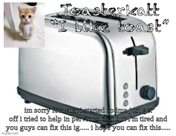 Toasterkatt toast template | im sorry for what i started so ima just get off i tried to help in previous chat but I'm tired and you guys can fix this ig..... i hope you can fix this..... | image tagged in toasterkatt toast template | made w/ Imgflip meme maker