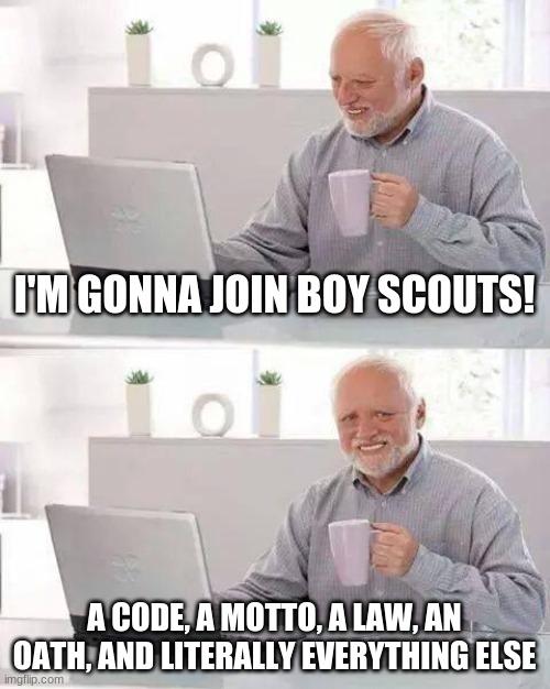 Boy Scouts can be rough | I'M GONNA JOIN BOY SCOUTS! A CODE, A MOTTO, A LAW, AN OATH, AND LITERALLY EVERYTHING ELSE | image tagged in memes,hide the pain harold | made w/ Imgflip meme maker