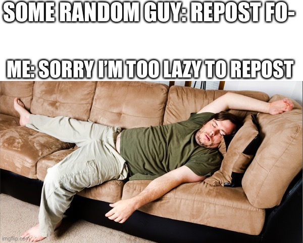 lazy | SOME RANDOM GUY: REPOST FO-; ME: SORRY I’M TOO LAZY TO REPOST | image tagged in lazy | made w/ Imgflip meme maker