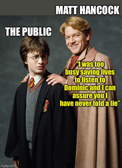 As if sanyone would believe Matt Hancock | MATT HANCOCK; THE PUBLIC; “I was too busy saving lives to listen to Dominic and I can assure you I have never told a lie” | image tagged in harry potter,nhs,politics,lies,uk | made w/ Imgflip meme maker