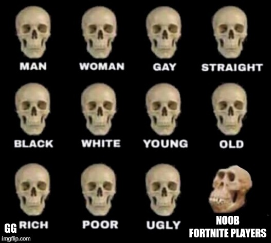idiot skull |  GG; NOOB FORTNITE PLAYERS | image tagged in idiot skull | made w/ Imgflip meme maker