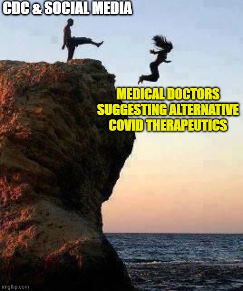 Kicking off Cliff | CDC & SOCIAL MEDIA; MEDICAL DOCTORS SUGGESTING ALTERNATIVE COVID THERAPEUTICS | image tagged in kicking off cliff | made w/ Imgflip meme maker