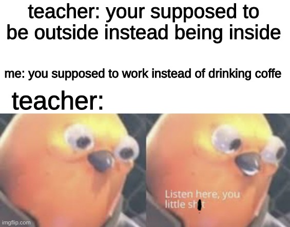 lkjbgvjklkjhgfdsdtyhjn | teacher: your supposed to be outside instead being inside; me: you supposed to work instead of drinking coffe; teacher: | image tagged in listen here you little shit bird | made w/ Imgflip meme maker