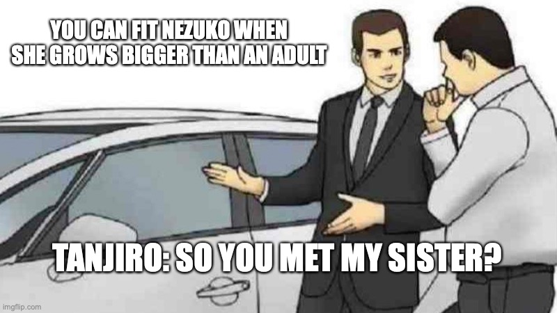 I can not believe I made this | YOU CAN FIT NEZUKO WHEN SHE GROWS BIGGER THAN AN ADULT; TANJIRO: SO YOU MET MY SISTER? | image tagged in memes,car salesman slaps roof of car | made w/ Imgflip meme maker
