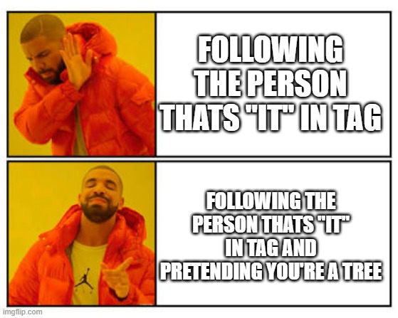 No - Yes | FOLLOWING THE PERSON THATS "IT" IN TAG; FOLLOWING THE PERSON THATS "IT" IN TAG AND PRETENDING YOU'RE A TREE | image tagged in no - yes | made w/ Imgflip meme maker
