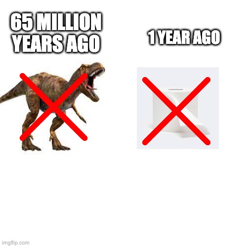 this took way to long for some reason | 1 YEAR AGO; 65 MILLION YEARS AGO | image tagged in blank transparent square,toilet paper,lockdown,dinosaur,extinction | made w/ Imgflip meme maker