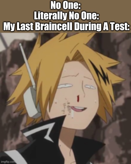 Denki dumb | No One:
 Literally No One:
 My Last Braincell During A Test: | image tagged in denki dumb | made w/ Imgflip meme maker