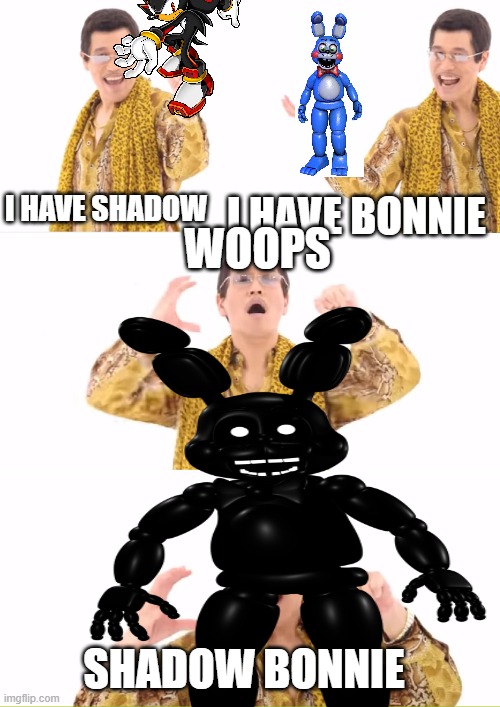 shadow bonnie | I HAVE SHADOW; I HAVE BONNIE; WOOPS; SHADOW BONNIE | image tagged in ppap | made w/ Imgflip meme maker