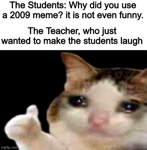 Sad cat thumbs up | The Students: Why did you use a 2009 meme? it is not even funny. The Teacher, who just wanted to make the students laugh | image tagged in sad cat thumbs up | made w/ Imgflip meme maker